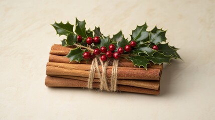 Fototapeta premium Handmade cinnamon stick bundles tied with twine and holly berries, isolated on a neutral background