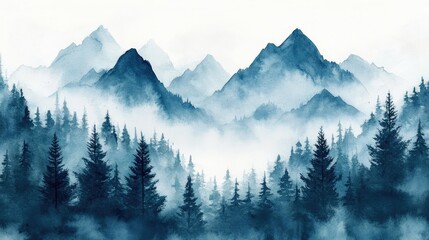 Indigo misty forest covering mountain range watercolor landscape