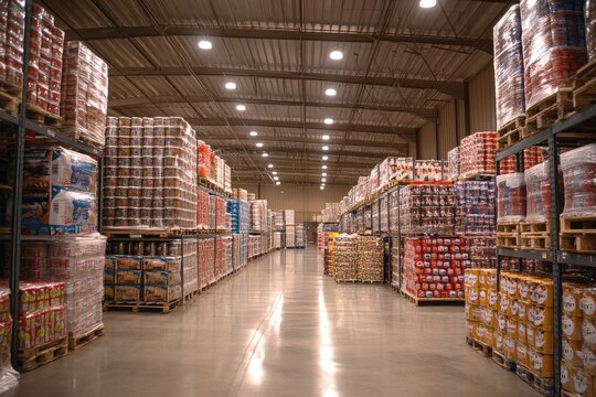 Large industrial warehouse storing goods on pallets