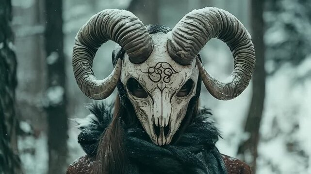 Evil shaman in goat animal skull in cloak in snowy forest. Mystical occult ritual. Pagan Christmas, Winter solstice, New Year celebration. Scandinavian culture. Yule tradition.