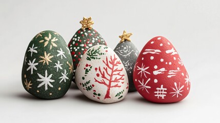 Hand-painted holiday rocks with Christmas symbols, isolated on a light gray background