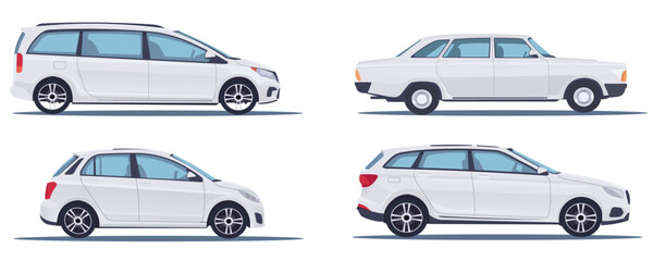 Four unique car designs displayed in a flat graphic style on a white background. Vector illustration