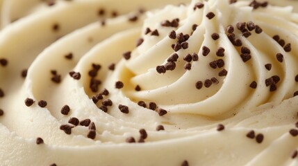 Fototapeta premium Creamy white frosting features smooth swirls beautifully complemented by tiny sprinkles resembling dark chocolate or cocoa particles