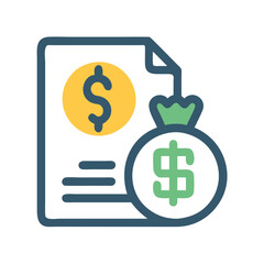 Financial document icon with money bag, Vector icon of a financial report and money bag, symbolizing income, profit analysis, and business accounting.
