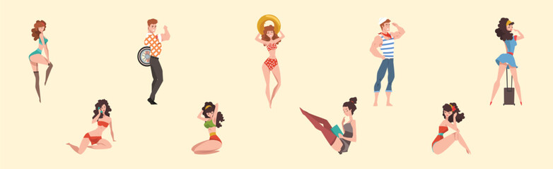 Seductive Pin Up Girls in Sexy Clothing Posing Vector Set