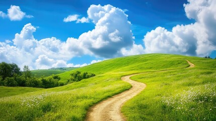 Fototapeta premium Curved dirt path traversing lush green hills beneath a vibrant blue sky adorned with clouds in a rural landscape