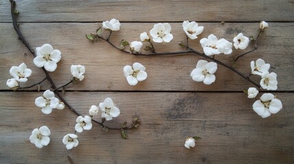Fototapeta premium Delicate white cotton blooms displayed on a weathered wooden surface viewed from above in a flat lay arrangement