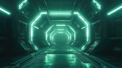 Line art illustration featuring sci fi neon glowing lines in a dark tunnel with reflections on the floor and ceiling and an empty central background Abstract and futuristic technology theme