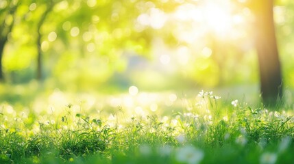 Obraz premium Defocused green trees amidst wild grass with sunlight filtering through creating a serene summer natural backdrop