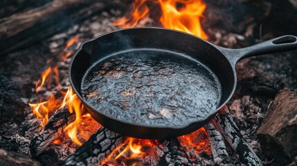 Cooking Over a Campfire in a Natural Setting Using a Rustic Cast Iron Pan for an Outdoor Experience