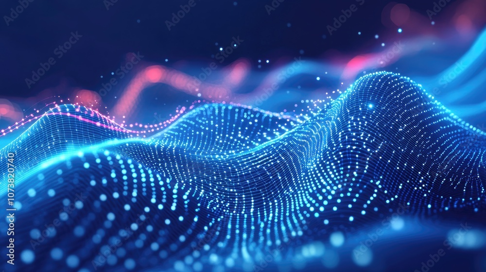 Poster Glowing Neon Lines And Grids On A Blue Background Sound Vibration Element Technology Data Connection Lines With Dots Futuristic Abstract Background With Glow Effect