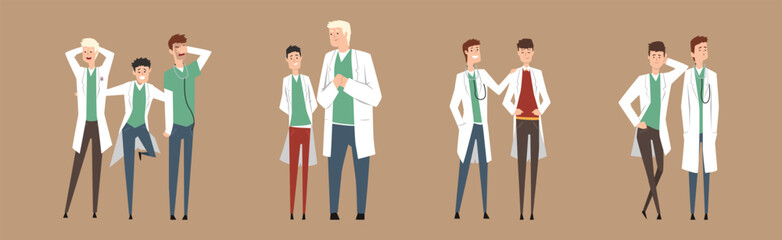 Man Doctor Friends in White Coat Standing Together Vector Set