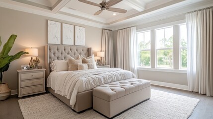 Fototapeta premium Cozy bedroom featuring neutral colors soft bedding and abundant natural light that contributes to a warm and welcoming ambiance