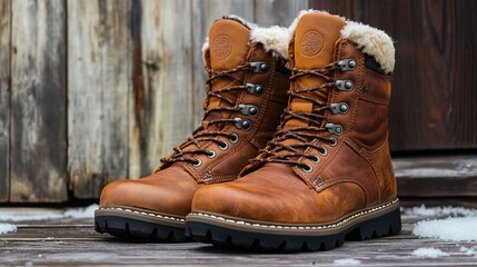 A pair of brown leather winter boots with fur lining.