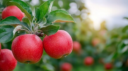 Obraz premium Branches with natural apples on a blurred background. Stock image.