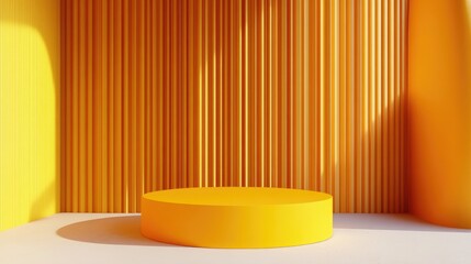 Empty interior featuring a yellow pedestal on a vibrant backdrop with a blank display for showcasing products 3D rendering
