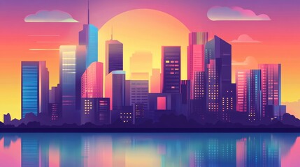 Cityscape view illustration in a vibrant 2D cartoon style