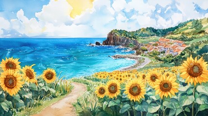 Hand painted watercolor artwork depicting a sunflower field by the sea The landscape features a vibrant blue ocean a shoreline an island a coastal village with houses blooming sunflowers plants fa
