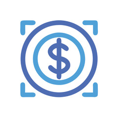 Dollar symbol icon with focus frame, Minimalist vector icon of a dollar sign enclosed by a focus frame, symbolizing financial target, business goal, or investment focus.

