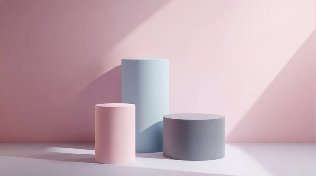 3D render illustration of three pastel colored cylinders and podiums in a geometric arrangement featuring empty space for showcasing product designs Minimalistic banner background
