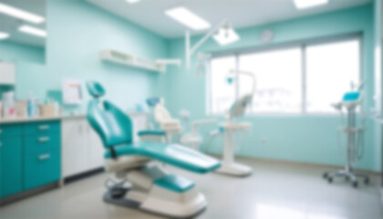 Fototapeta premium Blurred dental clinic background. Defocused interior of modern dental office. 