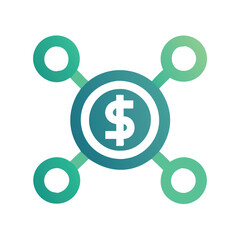 Dollar network icon for financial connections, Flat vector icon showing a dollar symbol connected by nodes, representing financial networks, investment, and money flow concepts.
