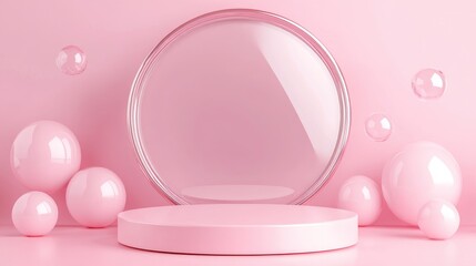 Pink abstract background featuring a cylindrical podium and frame in a 3D render