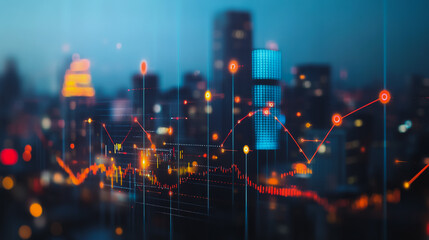 Fototapeta premium mart digital Innovation city Business skyscrapers in the Financial District with connection network reciprocity over the cityscape. of future smart wireless digital city and social media networking