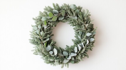 Beautiful green wreath adorned with eucalyptus leaves and pine