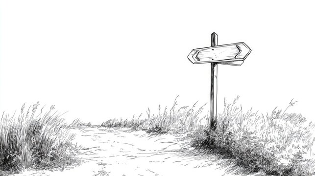 Isolated road sign arrows depicted on a white background Continuous line drawing style illustrating a fingerpost indicating travel directions