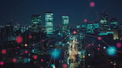 Fototapeta premium mart digital Innovation city Business skyscrapers in the Financial District with connection network reciprocity over the cityscape. of future smart wireless digital city and social media networking