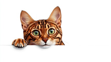 Bengal cat curiously looking out from behind a banner on a white background