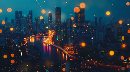 Fototapeta premium mart digital Innovation city Business skyscrapers in the Financial District with connection network reciprocity over the cityscape. of future smart wireless digital city and social media networking