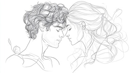 Fototapeta premium Line art illustration of a romantic couple Black and white drawing created with a single line on a white background designed for printing purposes