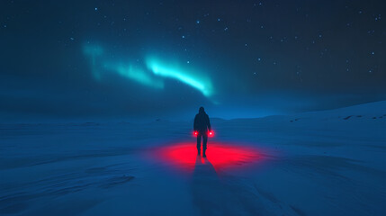 Fototapeta premium Silhouette of a Person Standing in a Snowy Field with the Northern Lights in the Background