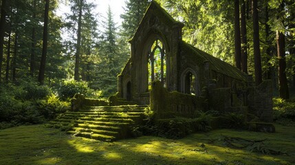 Obraz premium Serene Remnants: Moss-Covered Abandoned Church in Forest Symbolizing Forgotten Spirituality