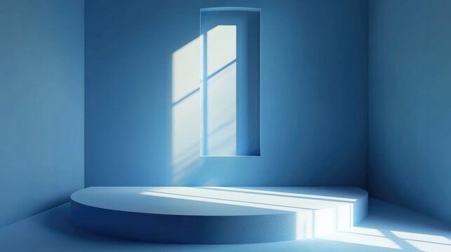 Abstract 3D rendering of a blue interior corner wall with a window light stage scene designed for an empty product display or podium backdrop
