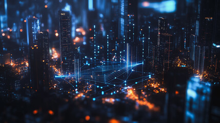 Obraz premium mart digital Innovation city Business skyscrapers in the Financial District with connection network reciprocity over the cityscape. of future smart wireless digital city and social media networking