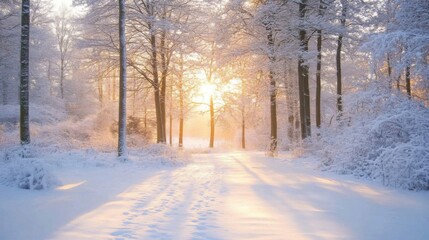 Fototapeta premium Snow-covered forest path illuminated by bright sunlight rays