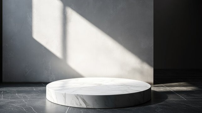 Elegant white stone mockup podium positioned above a dark floor surface casting shadows on the wall suitable for branding and packaging presentation design