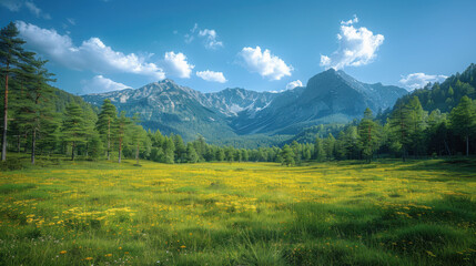 Fototapeta premium Beyond the green plain were mountains, clean blue with white cumulus clouds, and near by a few tall green spruce pines, high contrast, simple and clean picture, rich details, real photography.