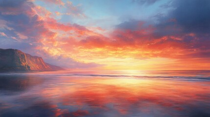 Colorful oil painting depicting a stunning seascape at sunset capturing the beauty of nature with vibrant hues over tranquil waters