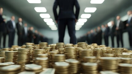 A businessman standing confidently before a large pile of coins in a modern office, symbolizing finance, investment, and wealth in a corporate environment.