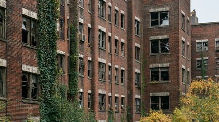 Obraz premium Nature Reclaims: Abandoned Urban Apartment Building with Peeling Paint, Broken Windows, and Creeping Vines - Ultra-Detailed Capture