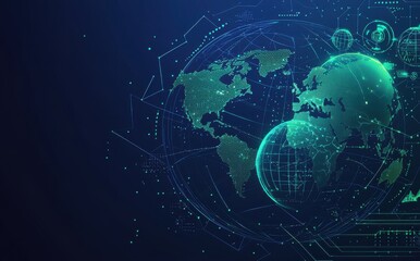 Obraz premium Futuristic digital world map with glowing connections and spheres