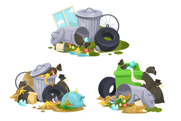 A messy scene of overflowing trash bins, litter, and waste. Vector illustration