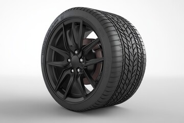black car wheel and tire with alloy design and deep tread pattern