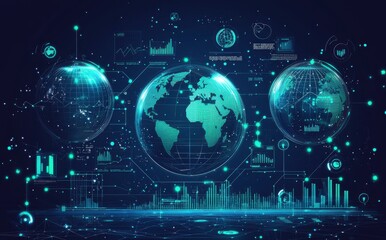 Fototapeta premium Futuristic digital globe interface with three glowing spheres