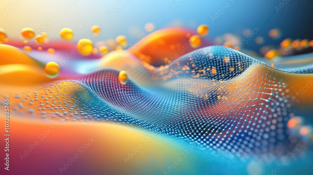 Poster abstract distorted shape on a network background with colorful liquid like elements 3d rendering