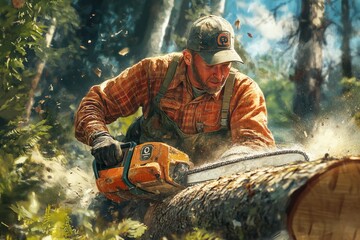 lumberjack skillfully operates a chainsaw to cut through a log, surrounded by lush forest greenery and flying sawdust